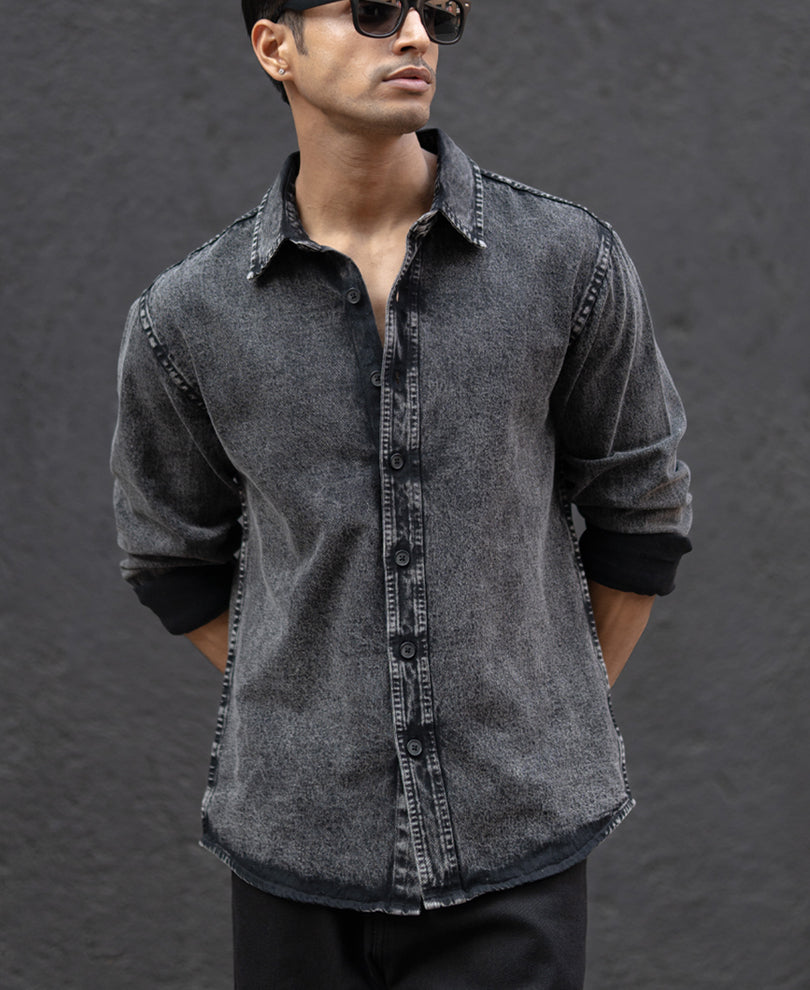 Charcoal Black Washed Denim Overshirt.