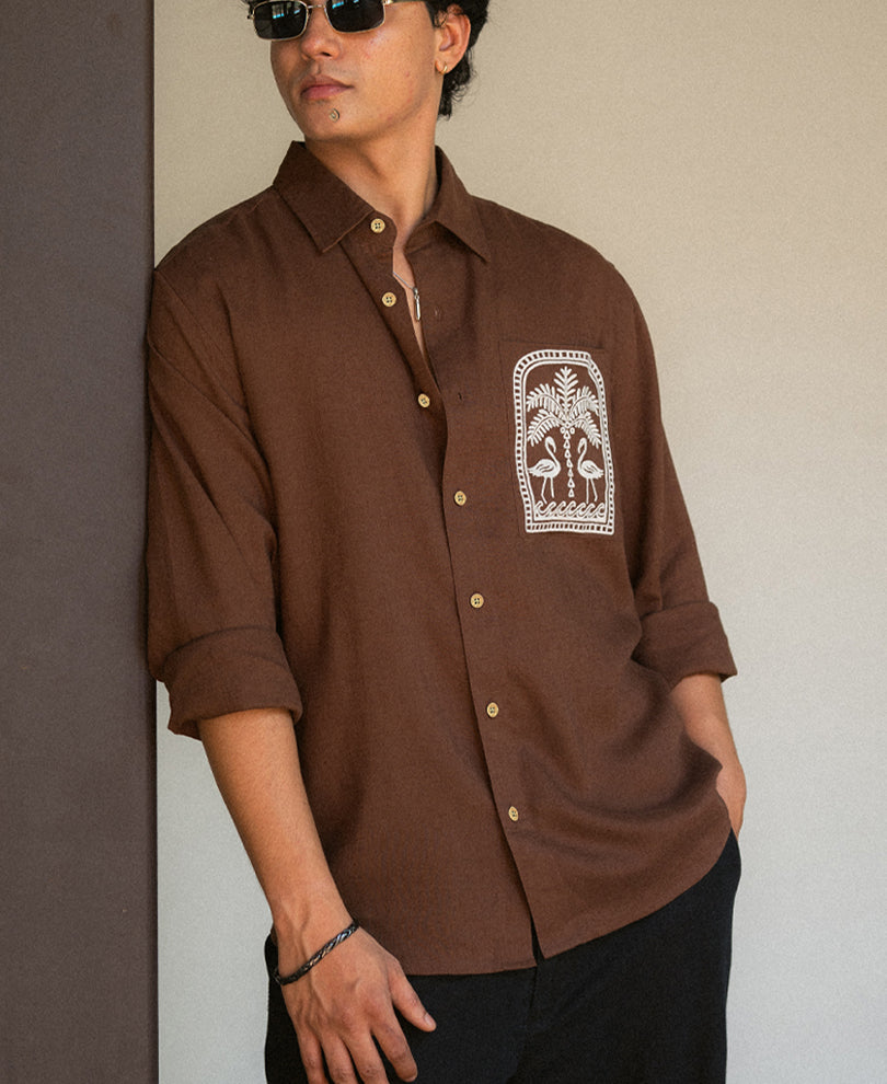 Brown Linen Blend Embroidery Shirt