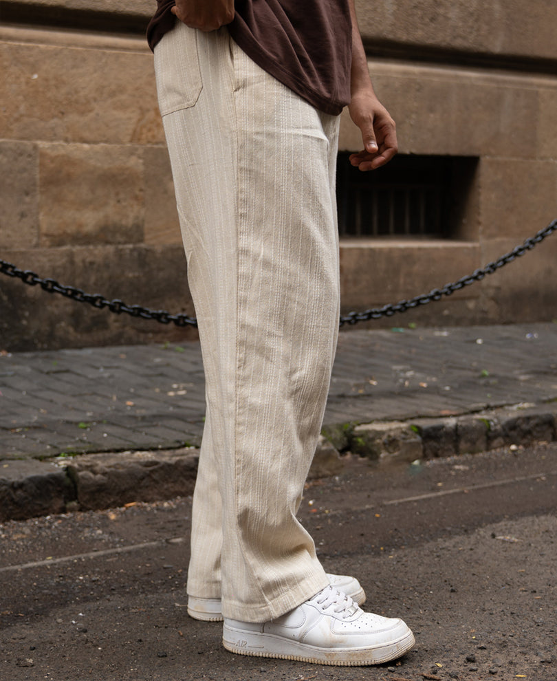 Cream Self Stripe Linen Trouser