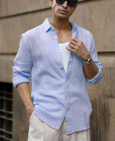 Light Blue Crinkled Shirt 100% Cotton
