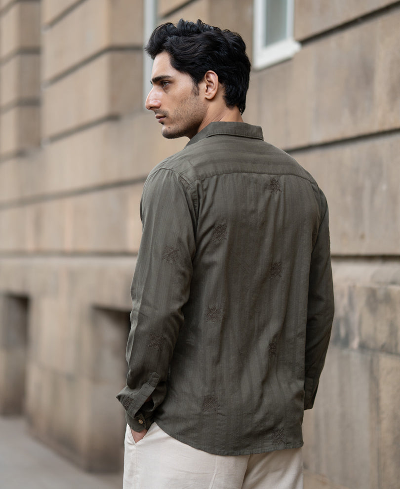 Olive Structure Embroidered Shirt