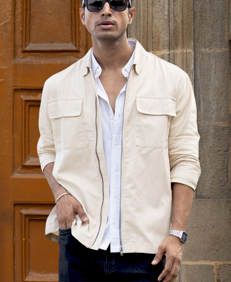 Light Beige Structured Zipper Overshirt