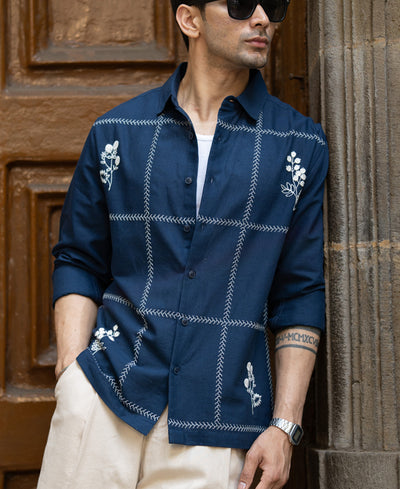 Navy Embrpoidery Linen Blend Shirt
