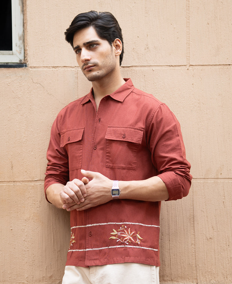 Brick Embroidered Linen Shirt