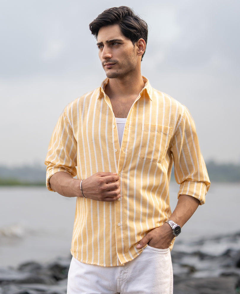 Yellow Cotton Blend Stripe Shirt