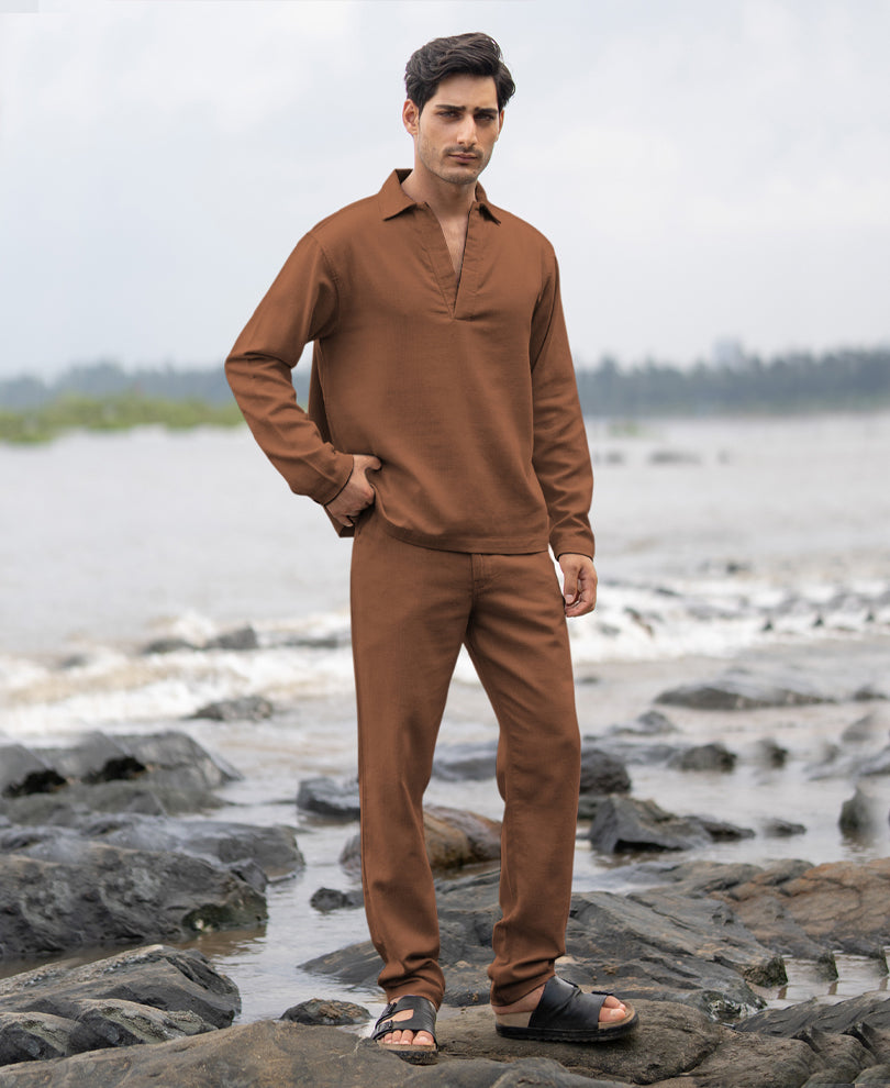 Brown Striuctured Cotton Kurta Shirt