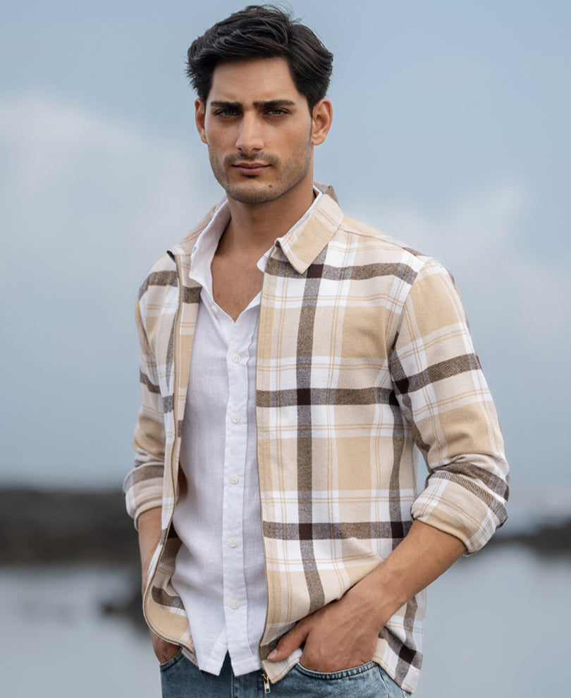 Beige Checks Zipper Overshirt