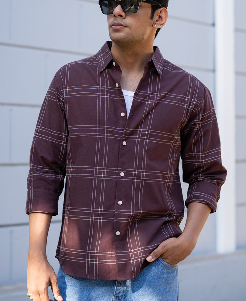 Brown Linen Blend Checks Shirt.