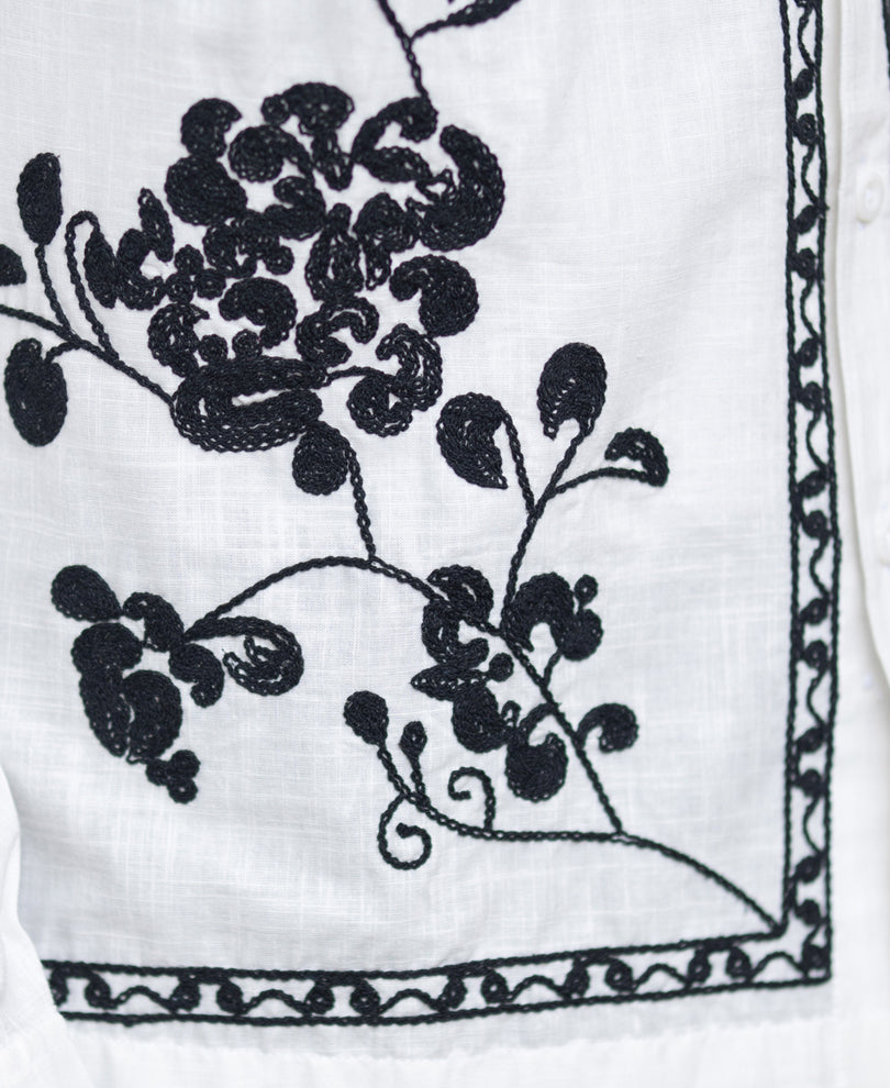 White Cotton Slub Embroidered Shirt