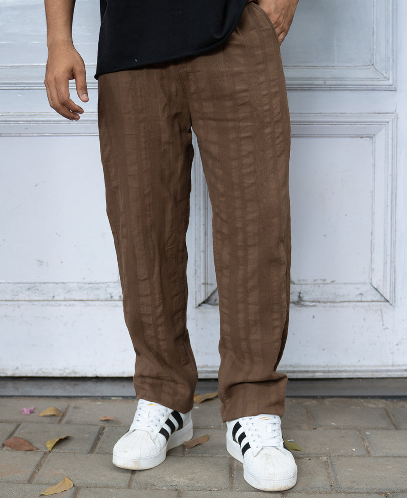 Brown Structured Pleated Cotton Trousers.