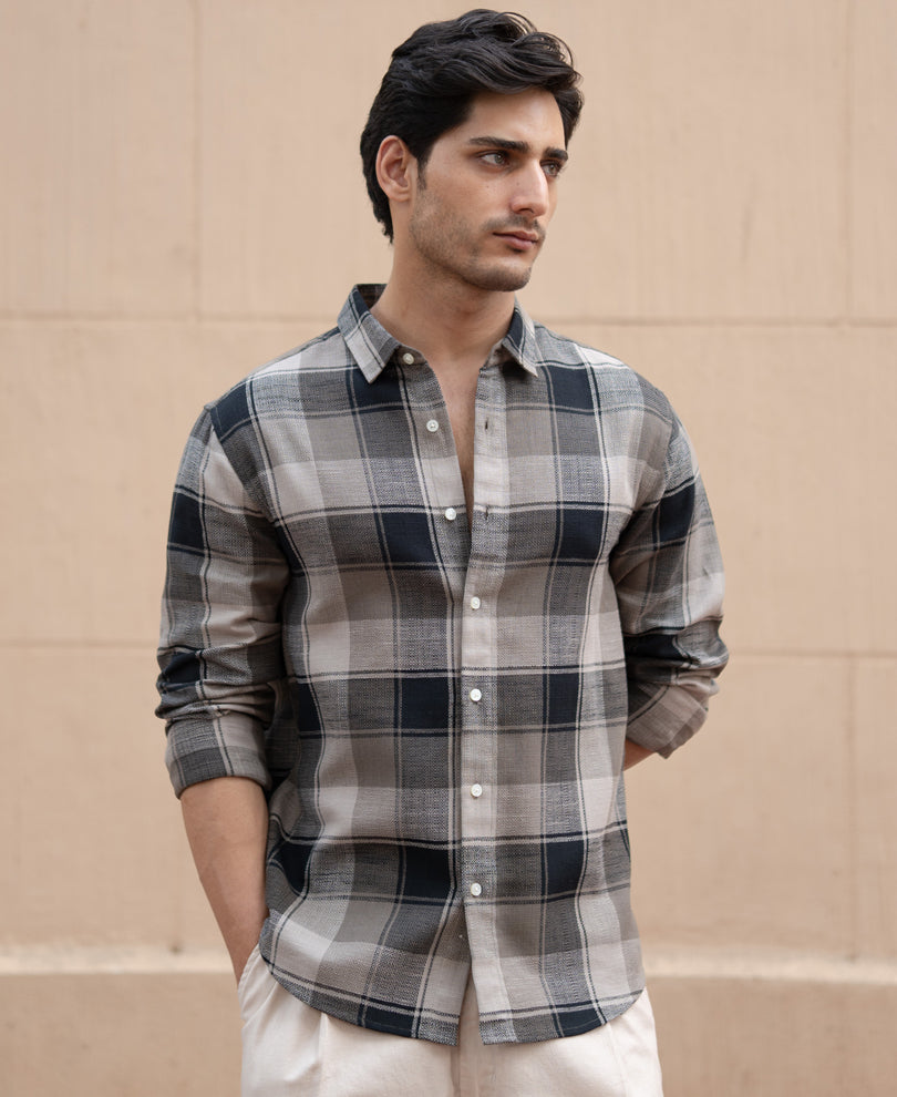 Olive & Black Structured Checks Shirt.