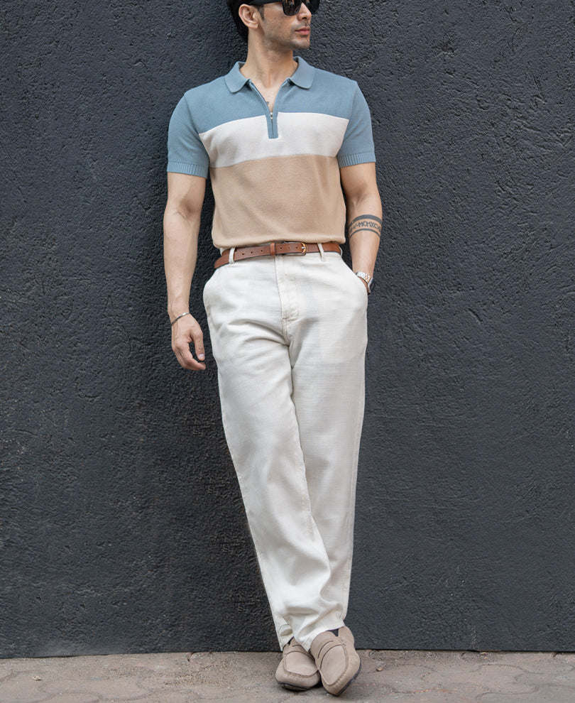 Blue & Beige Stripe Knit T-Shirt.