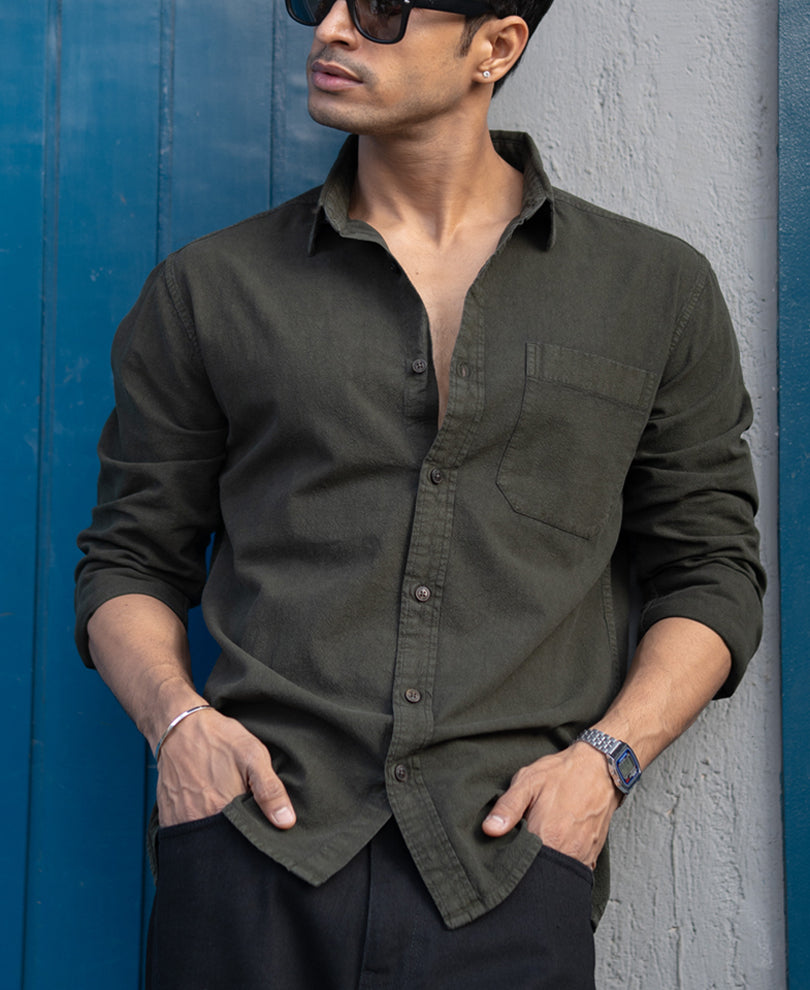 Dark Olive Double Pocket Denim Shirt