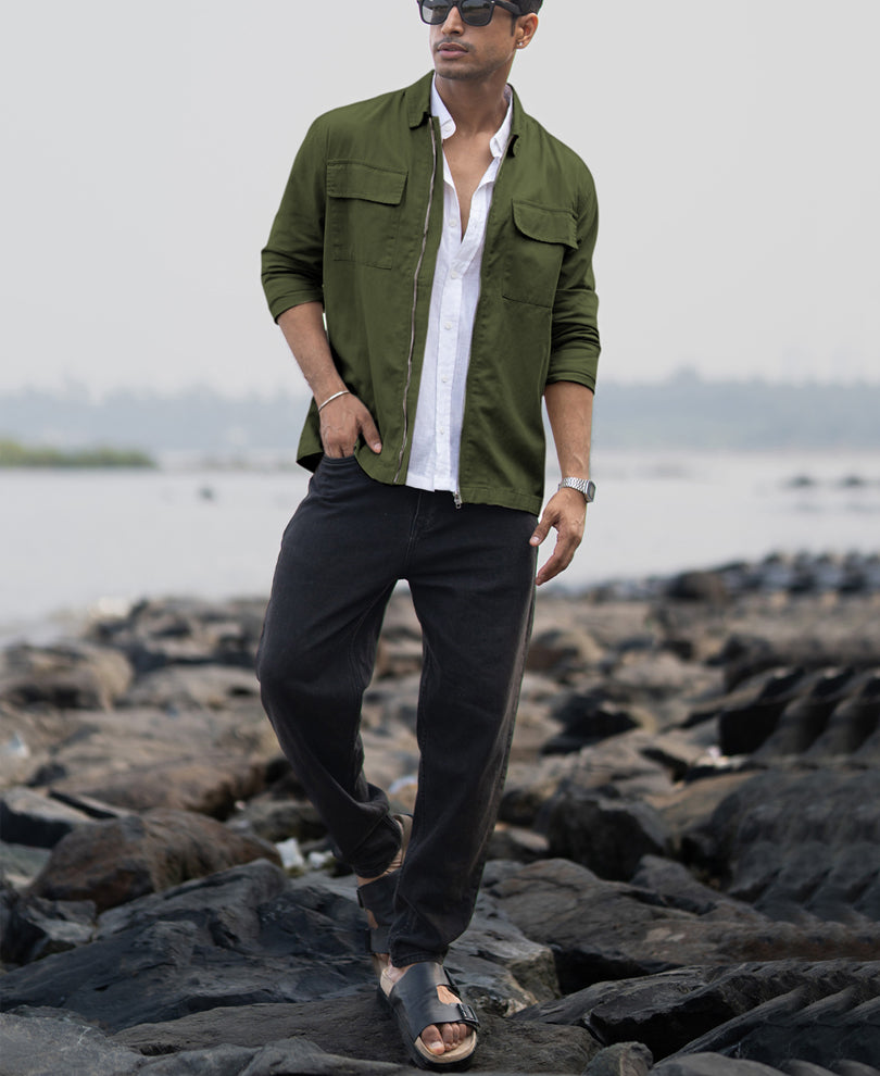 Olive Structured Zipper Overshirt
