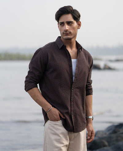Brown Seer Sucker Stripe Shirt