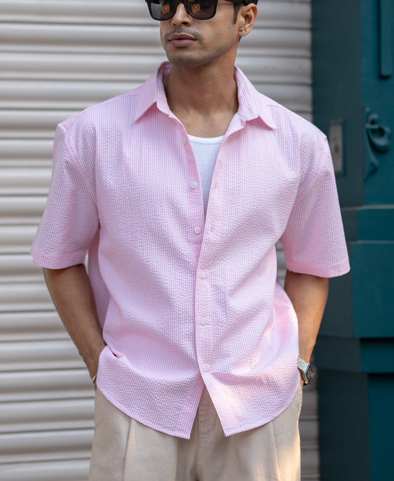 Pink Seersucker Stripe Shirt.