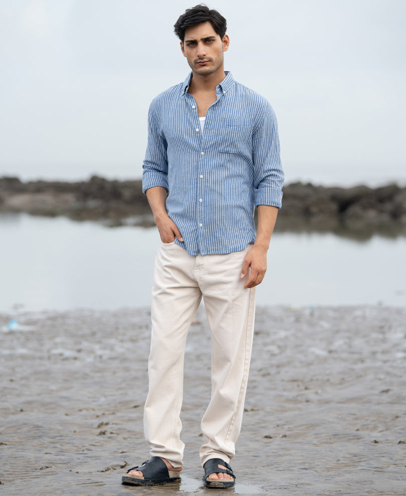 Blue Linen Blend Stripe Shirt