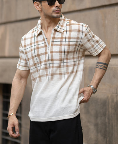 Beige Checks Print T-Shirt