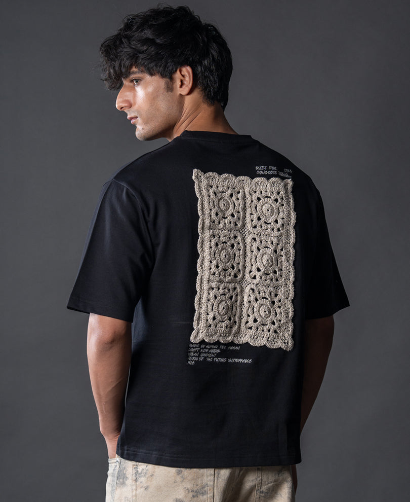 Black Crochet Patch Embroidered T-Shirt.