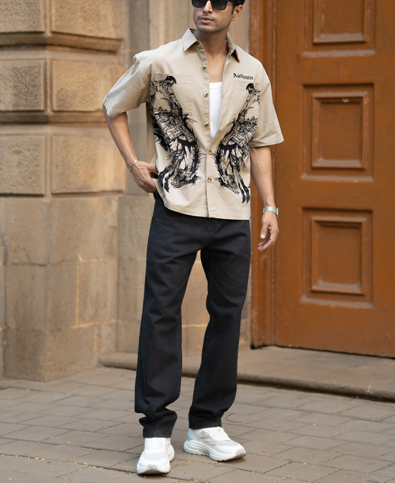 Beige Cowboy Print Boxy Shirt
