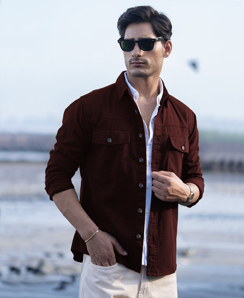 Wine Structured Overshirt With Pockets