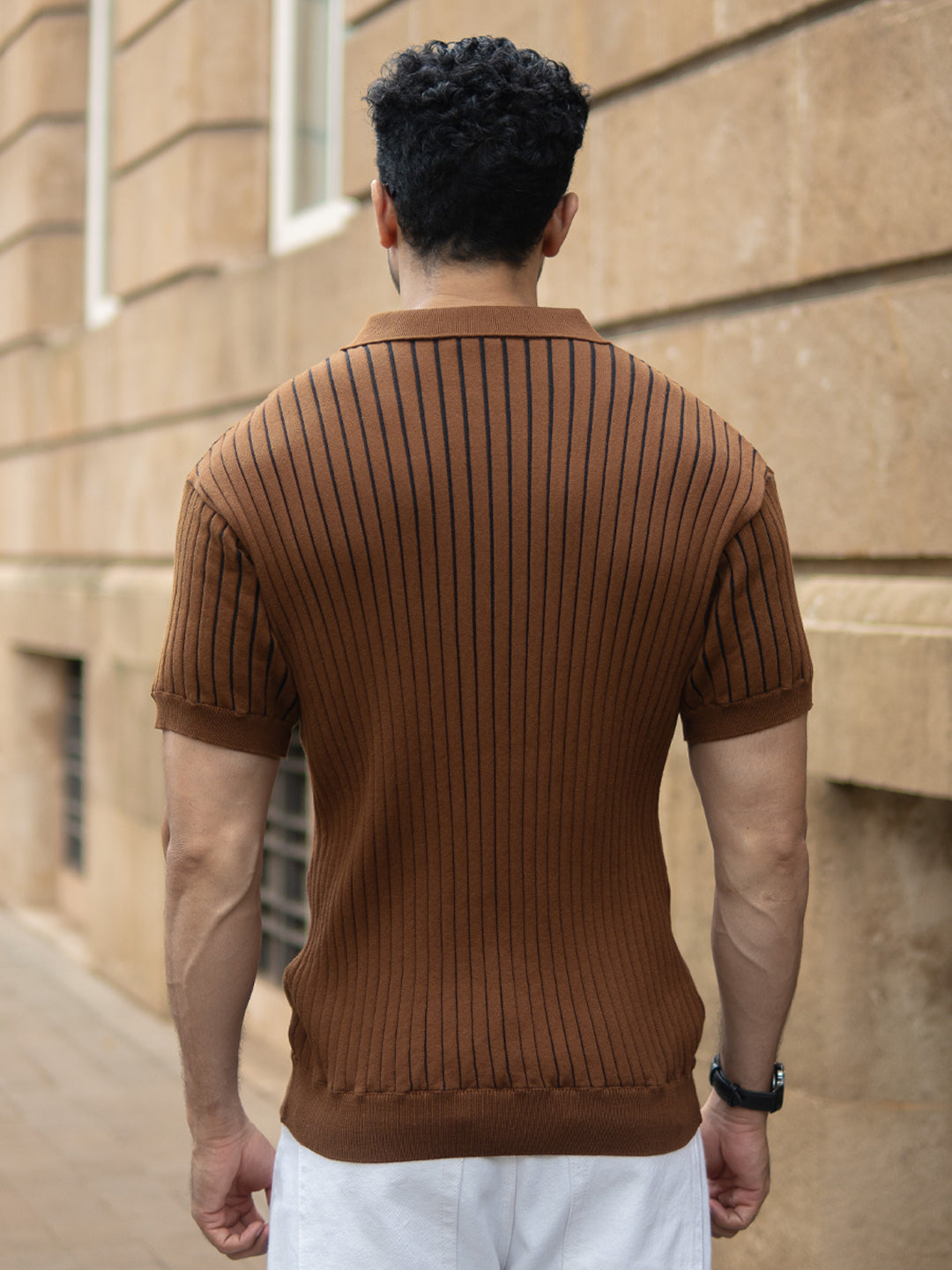 Brown Striped Knit Polo T-Shirt