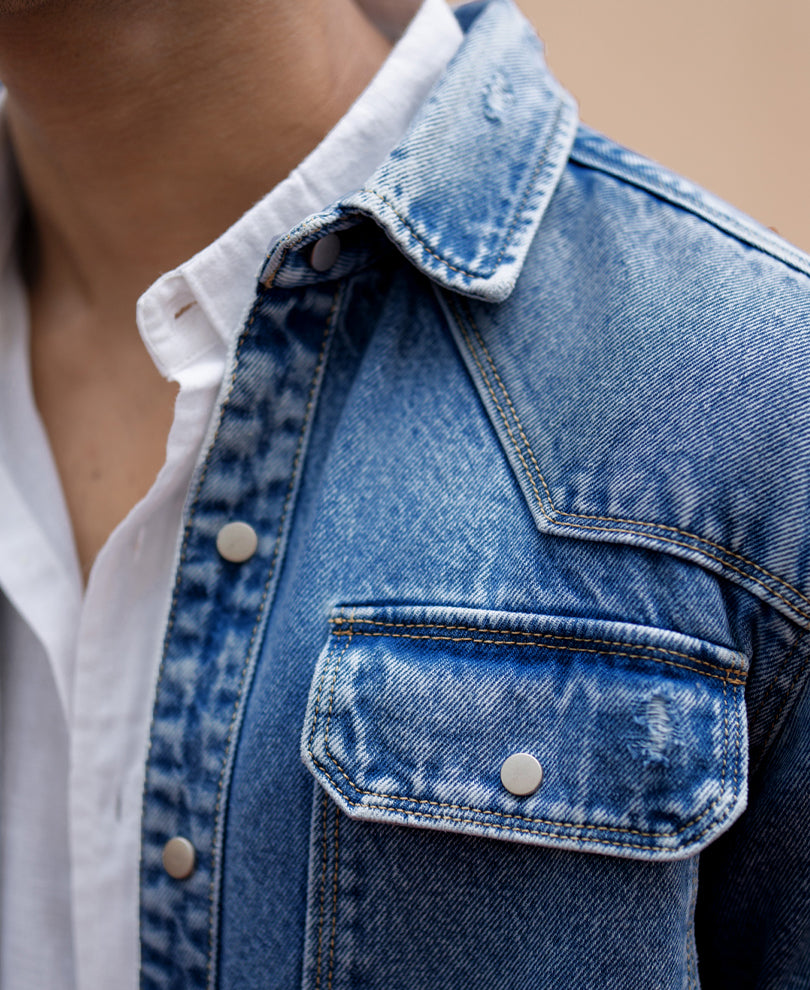 Mid Blue Distressed Denim Overshirt