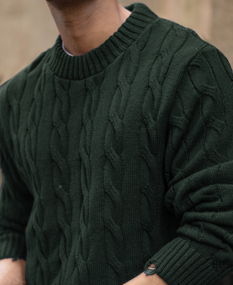 Pine Distressed Cable Knit Sweater