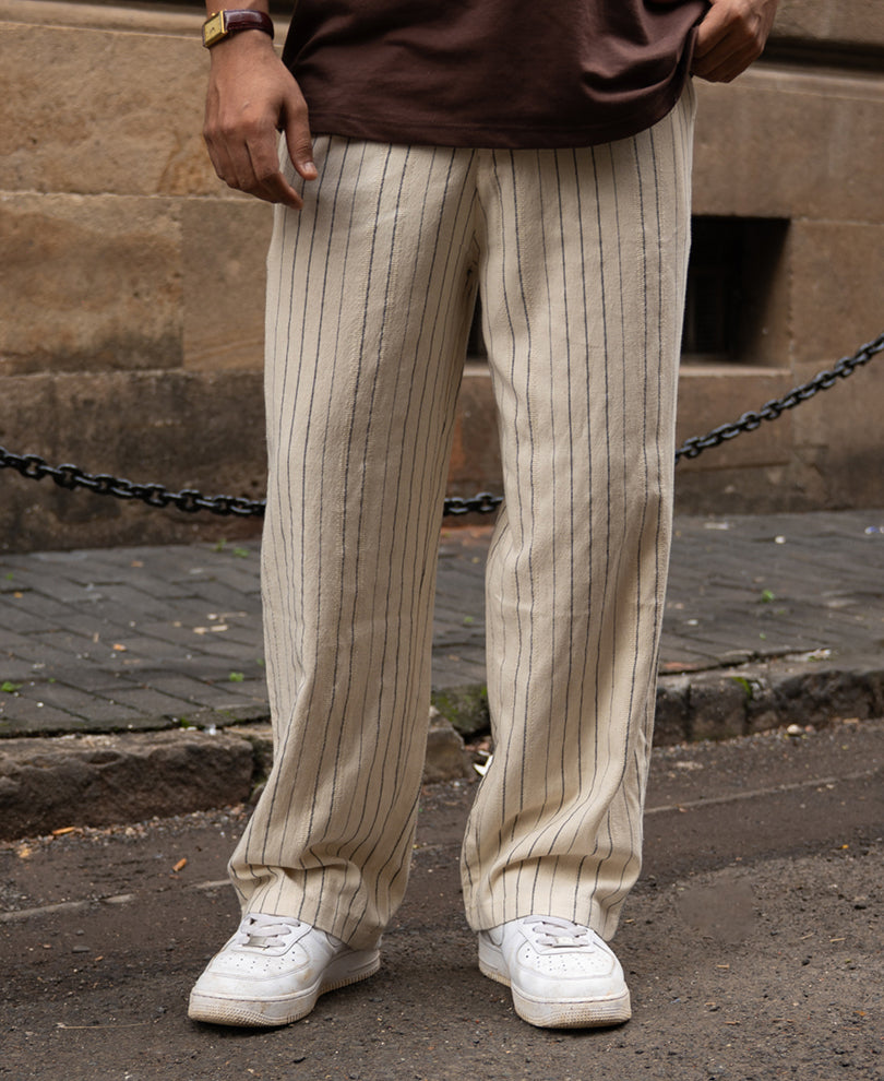 Cream Striped Linen Trouser