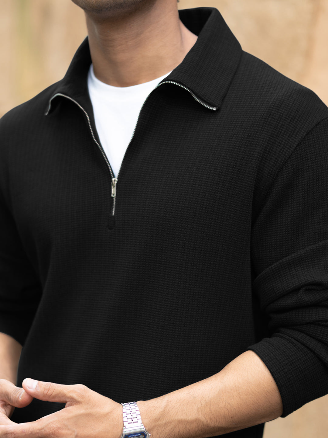 Black Knit Polo Zipper T-Shirt