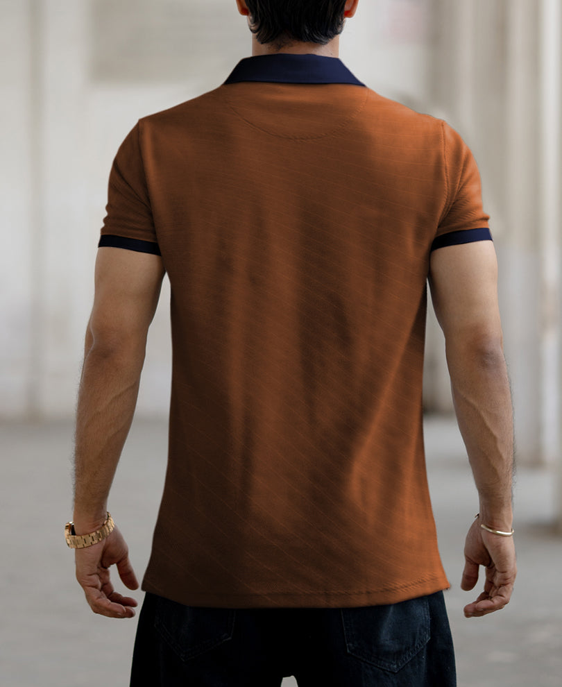 Dark Tan Contrast Collar Zipper T-Shirt