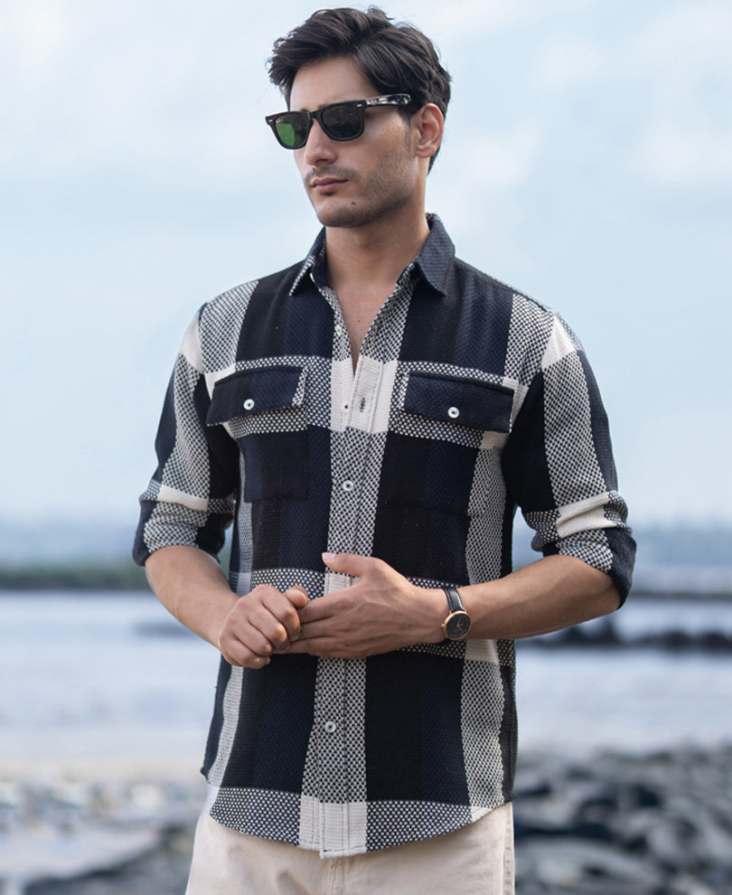 Navy Structured Checked Shirt.