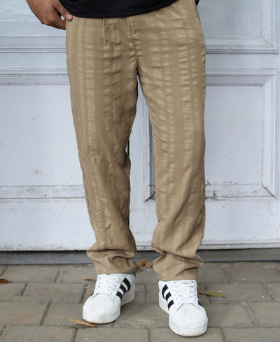 Beige Structured Pleated Cotton Trousers