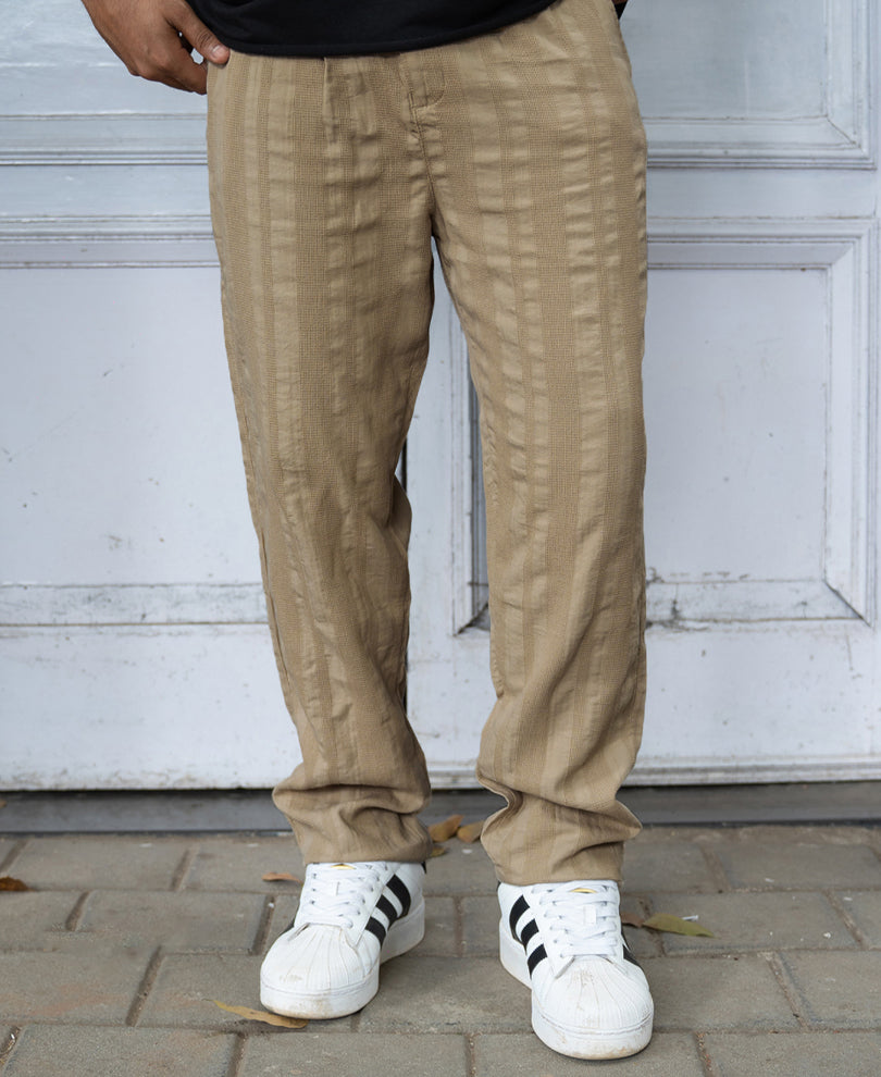 Beige Structured Pleated Cotton Trousers.