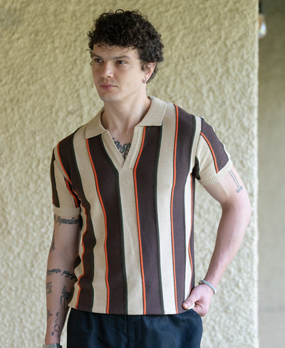 Beige Stripe Knit T-Shirt 100% Cotton