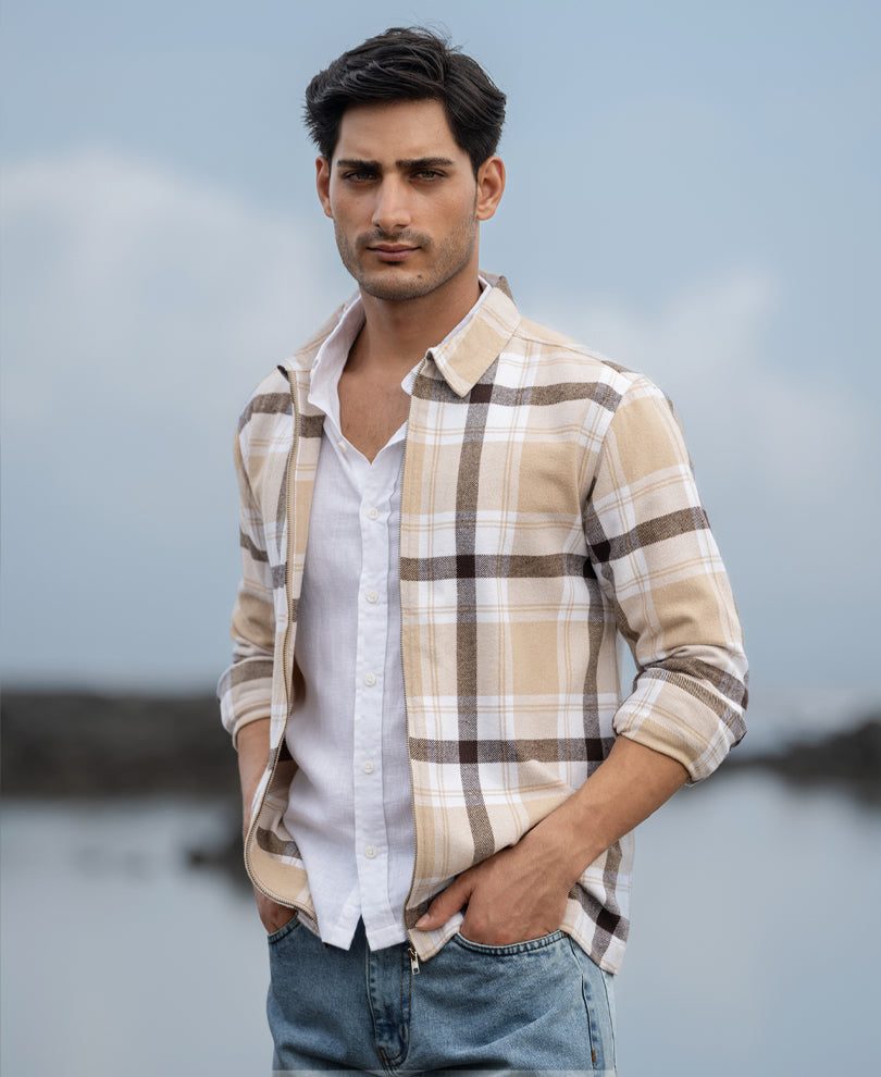 Beige Checks Zipper Overshirt