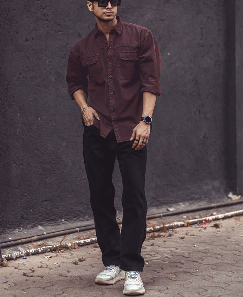 Dark Brown Denim Shacket Full Sleeves Shirt