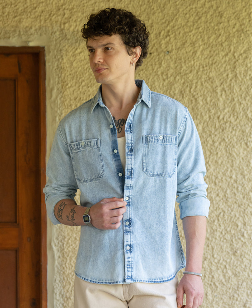 Blue Double Pocket Denim Shirt 100% Cotton