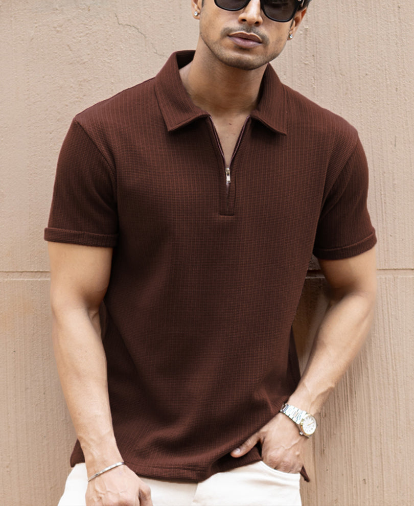 Brown Zipper Polo T-Shirt.