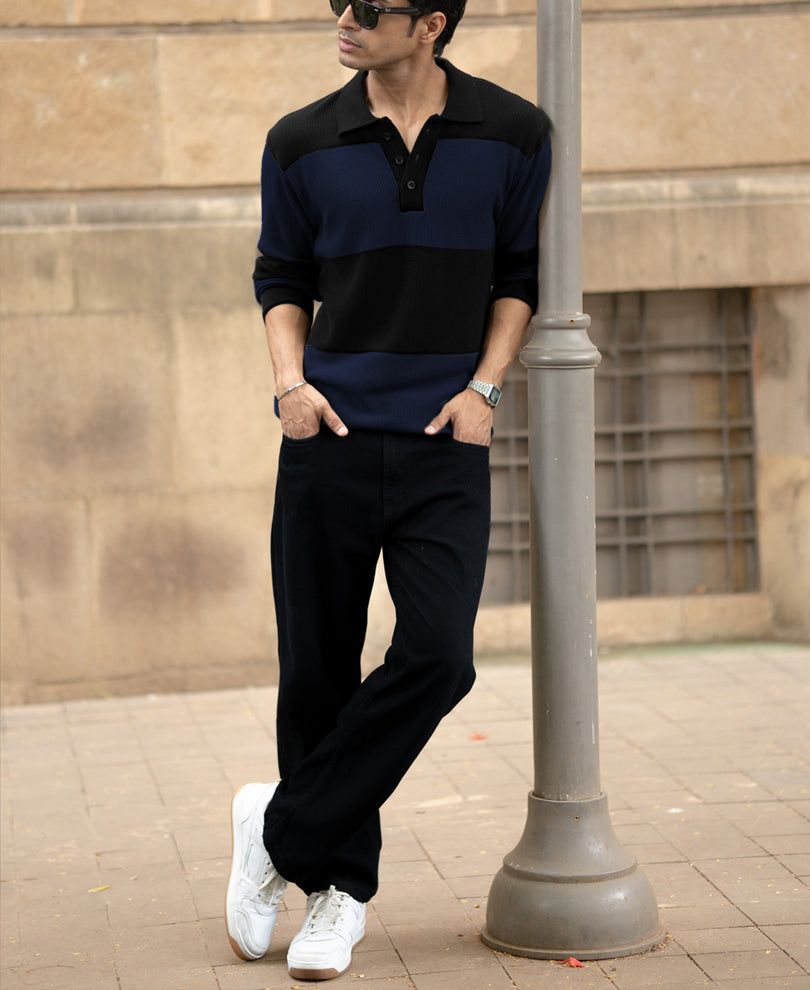 Blue Structured Knit Striped T-Shirt