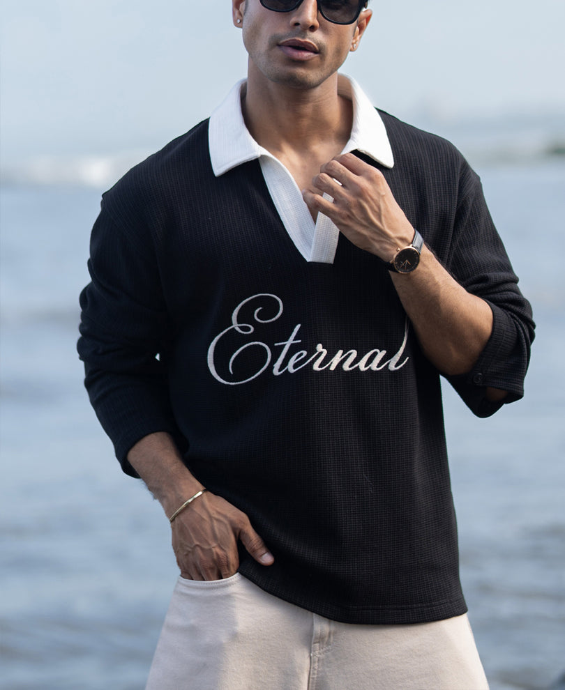 Black Embroidery Contrast T-Shirt