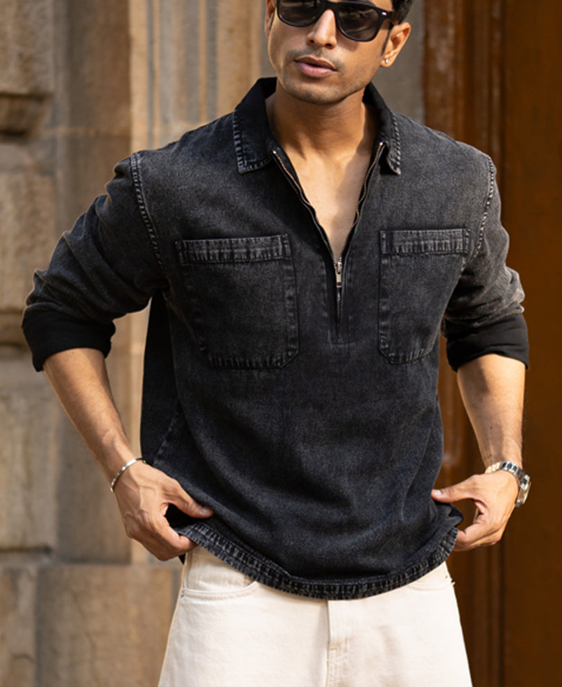 Black Washed Denim Polo Shirt