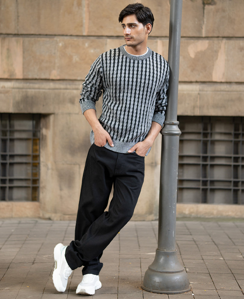 Grey And Black Cable Knit Sweater