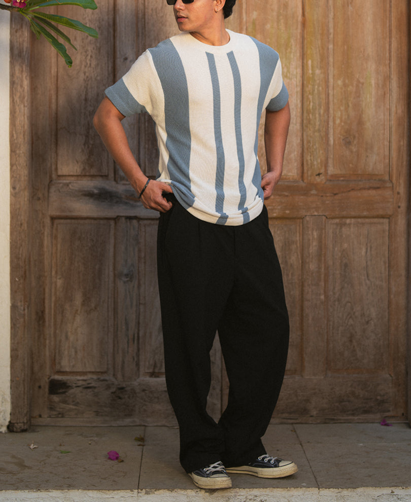 Grey Stripe Knit T-Shirt 100% Cotton