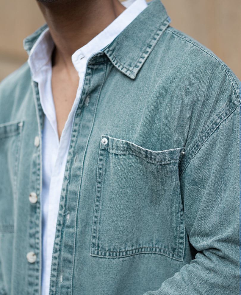 Mid Blue Washed Denim Shirt.