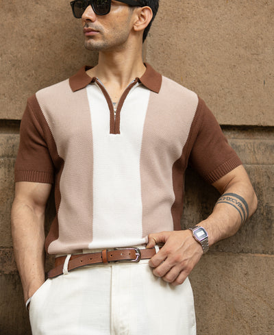 Beige & Brown Knit Stripe T-Shirt.