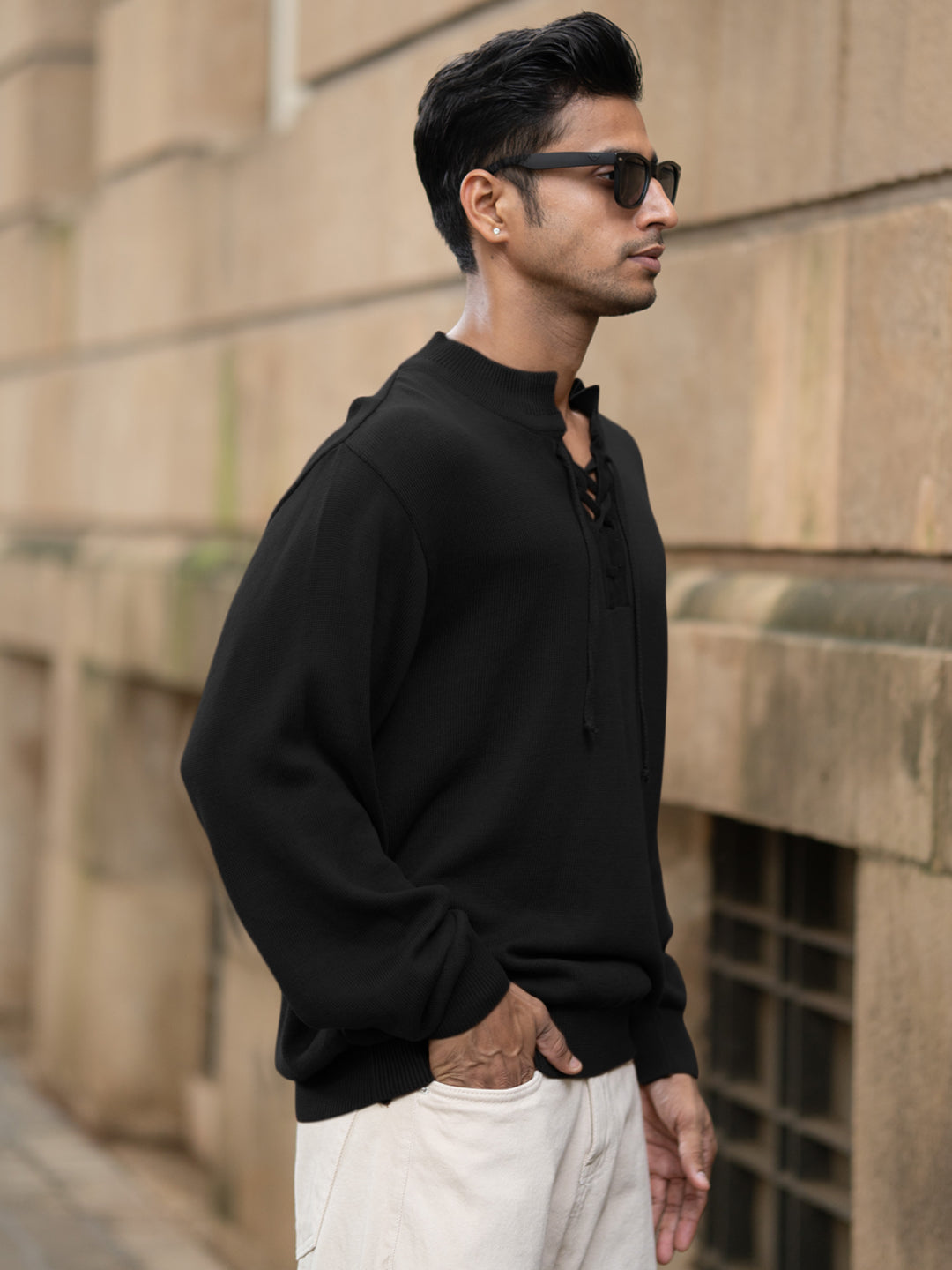Black Knitted Henley Full Sleeves T-Shirt