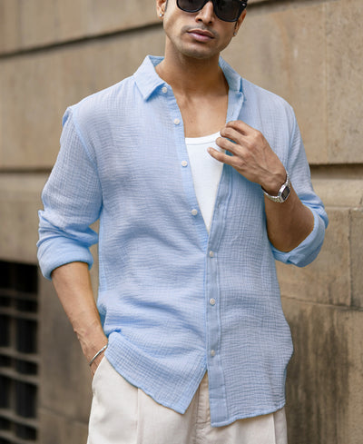 Light Blue Crinkled Cotton Shirt
