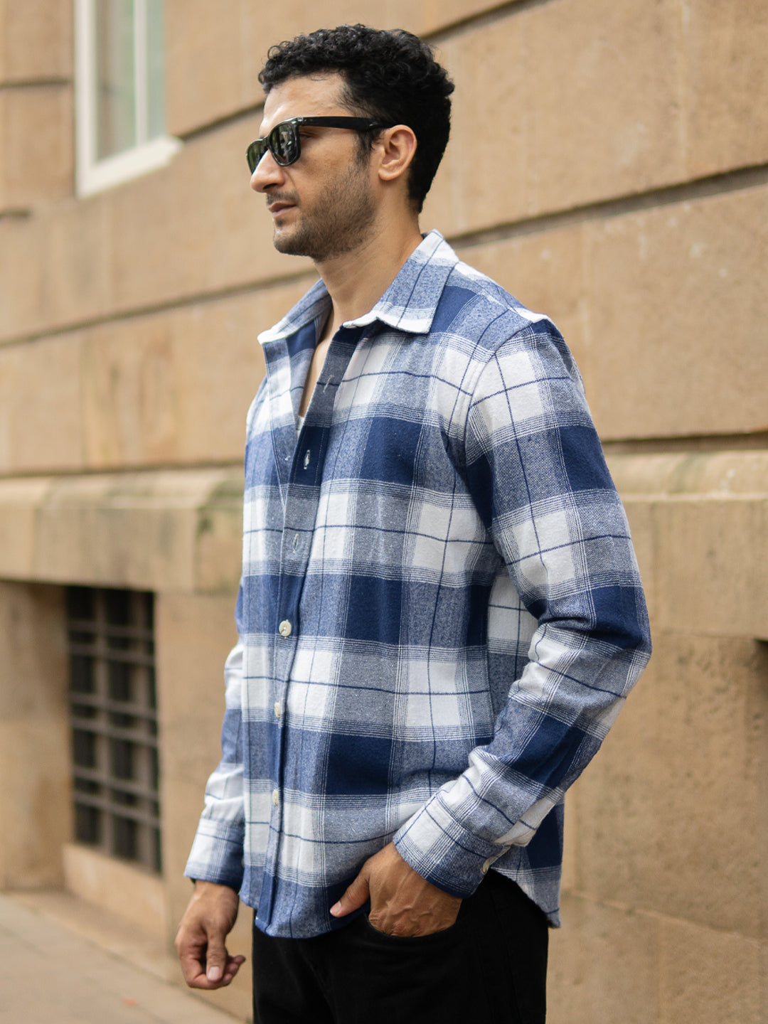 Dark Blue Brushed Checks Shirt