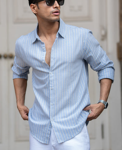 Blue Cotton Oxford Stripe Shirt